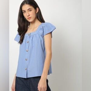 GAP Blue Stripe Square Neckline Button Front Flutter Sleeve Top Size XL